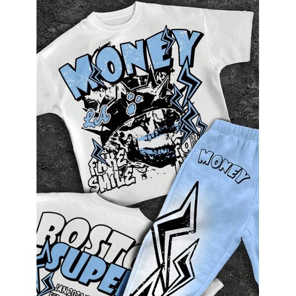 SHEIN Conjunto informal de 2 piezas para niño preadolescente con camiseta de cuello redondo con estampado de personaje de dibujos animados y texto "Rich Soon", y pantalones acampanados con estampado de bolsa de dinero y llamas, adecuado para verano, ropa urbana, música rock, casual elegante - Image 67