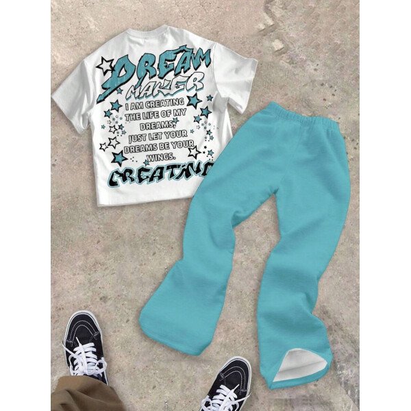 SHEIN Conjunto informal de 2 piezas para niño preadolescente con camiseta de cuello redondo con estampado de personaje de dibujos animados y texto "Rich Soon", y pantalones acampanados con estampado de bolsa de dinero y llamas, adecuado para verano, ropa urbana, música rock, casual elegante - Image 70