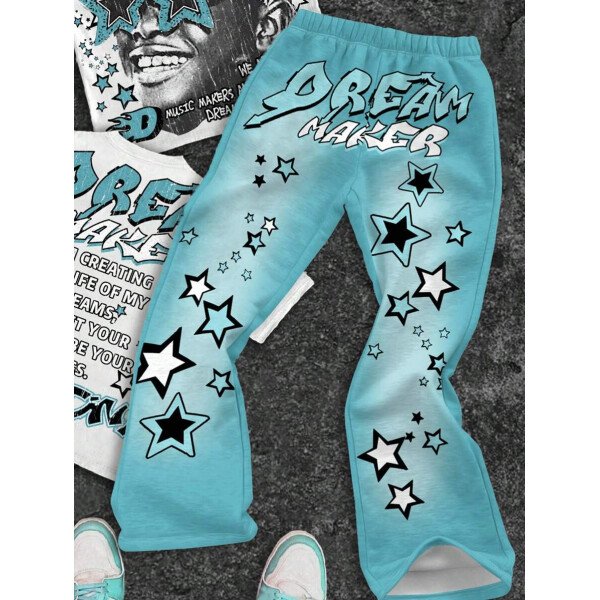SHEIN Conjunto informal de 2 piezas para niño preadolescente con camiseta de cuello redondo con estampado de personaje de dibujos animados y texto "Rich Soon", y pantalones acampanados con estampado de bolsa de dinero y llamas, adecuado para verano, ropa urbana, música rock, casual elegante - Image 73