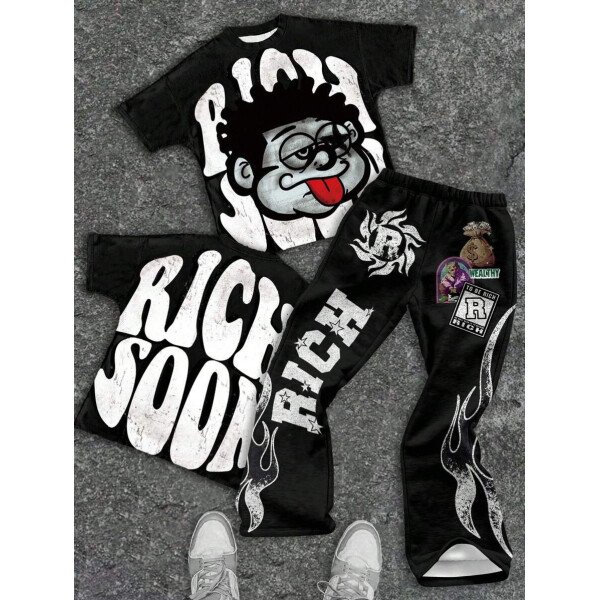 SHEIN Conjunto informal de 2 piezas para niño preadolescente con camiseta de cuello redondo con estampado de personaje de dibujos animados y texto "Rich Soon", y pantalones acampanados con estampado de bolsa de dinero y llamas, adecuado para verano, ropa urbana, música rock, casual elegante - Image 74