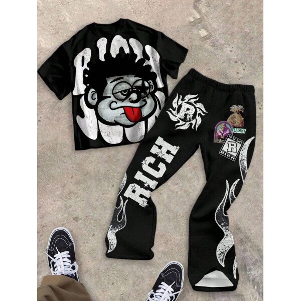 SHEIN Conjunto informal de 2 piezas para niño preadolescente con camiseta de cuello redondo con estampado de personaje de dibujos animados y texto "Rich Soon", y pantalones acampanados con estampado de bolsa de dinero y llamas, adecuado para verano, ropa urbana, música rock, casual elegante - Image 75