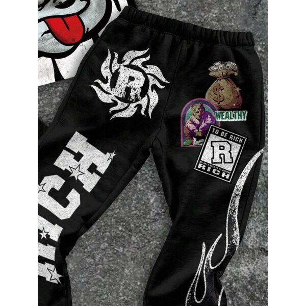 SHEIN Conjunto informal de 2 piezas para niño preadolescente con camiseta de cuello redondo con estampado de personaje de dibujos animados y texto "Rich Soon", y pantalones acampanados con estampado de bolsa de dinero y llamas, adecuado para verano, ropa urbana, música rock, casual elegante - Image 79