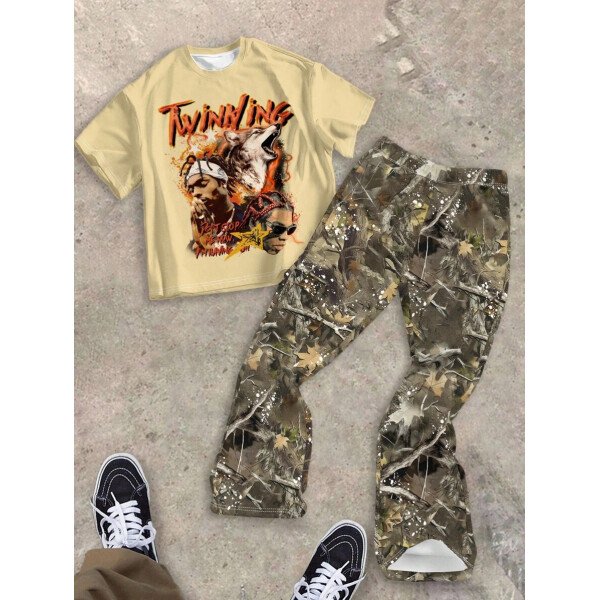 SHEIN Conjunto informal de 2 piezas para niño preadolescente con camiseta de cuello redondo con estampado de personaje de dibujos animados y texto "Rich Soon", y pantalones acampanados con estampado de bolsa de dinero y llamas, adecuado para verano, ropa urbana, música rock, casual elegante - Image 80