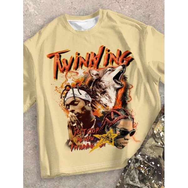 SHEIN Conjunto informal de 2 piezas para niño preadolescente con camiseta de cuello redondo con estampado de personaje de dibujos animados y texto "Rich Soon", y pantalones acampanados con estampado de bolsa de dinero y llamas, adecuado para verano, ropa urbana, música rock, casual elegante - Image 82