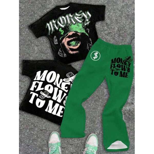 SHEIN Conjunto informal de 2 piezas para niño preadolescente con camiseta de cuello redondo con estampado de personaje de dibujos animados y texto "Rich Soon", y pantalones acampanados con estampado de bolsa de dinero y llamas, adecuado para verano, ropa urbana, música rock, casual elegante - Image 84