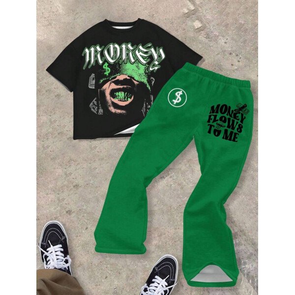 SHEIN Conjunto informal de 2 piezas para niño preadolescente con camiseta de cuello redondo con estampado de personaje de dibujos animados y texto "Rich Soon", y pantalones acampanados con estampado de bolsa de dinero y llamas, adecuado para verano, ropa urbana, música rock, casual elegante - Image 85