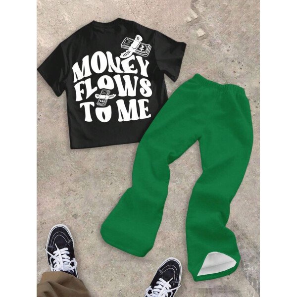 SHEIN Conjunto informal de 2 piezas para niño preadolescente con camiseta de cuello redondo con estampado de personaje de dibujos animados y texto "Rich Soon", y pantalones acampanados con estampado de bolsa de dinero y llamas, adecuado para verano, ropa urbana, música rock, casual elegante - Image 86