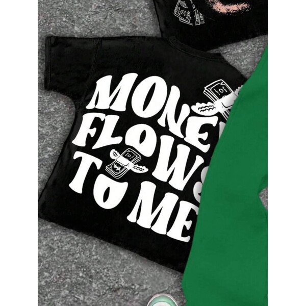 SHEIN Conjunto informal de 2 piezas para niño preadolescente con camiseta de cuello redondo con estampado de personaje de dibujos animados y texto "Rich Soon", y pantalones acampanados con estampado de bolsa de dinero y llamas, adecuado para verano, ropa urbana, música rock, casual elegante - Image 88