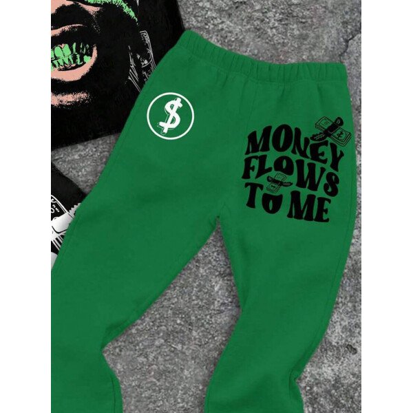 SHEIN Conjunto informal de 2 piezas para niño preadolescente con camiseta de cuello redondo con estampado de personaje de dibujos animados y texto "Rich Soon", y pantalones acampanados con estampado de bolsa de dinero y llamas, adecuado para verano, ropa urbana, música rock, casual elegante - Image 89