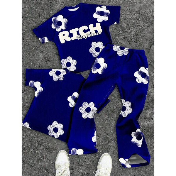 SHEIN Conjunto informal de 2 piezas para niño preadolescente con camiseta de cuello redondo con estampado de personaje de dibujos animados y texto "Rich Soon", y pantalones acampanados con estampado de bolsa de dinero y llamas, adecuado para verano, ropa urbana, música rock, casual elegante - Image 90
