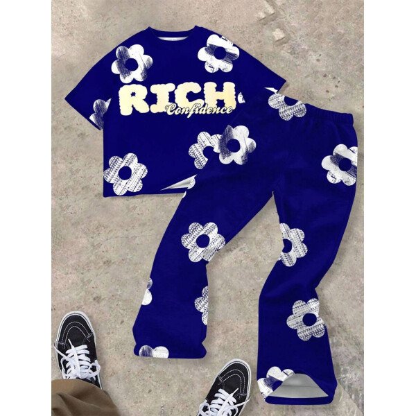 SHEIN Conjunto informal de 2 piezas para niño preadolescente con camiseta de cuello redondo con estampado de personaje de dibujos animados y texto "Rich Soon", y pantalones acampanados con estampado de bolsa de dinero y llamas, adecuado para verano, ropa urbana, música rock, casual elegante - Image 91