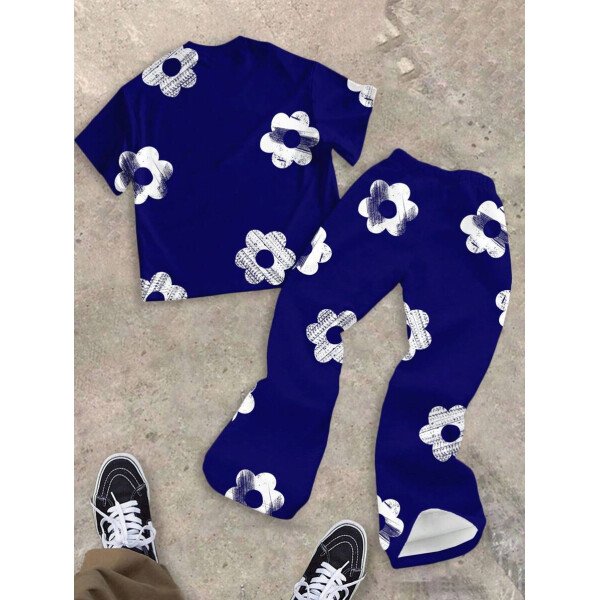 SHEIN Conjunto informal de 2 piezas para niño preadolescente con camiseta de cuello redondo con estampado de personaje de dibujos animados y texto "Rich Soon", y pantalones acampanados con estampado de bolsa de dinero y llamas, adecuado para verano, ropa urbana, música rock, casual elegante - Image 92
