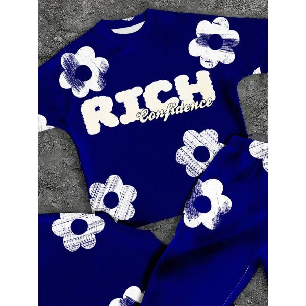 SHEIN Conjunto informal de 2 piezas para niño preadolescente con camiseta de cuello redondo con estampado de personaje de dibujos animados y texto "Rich Soon", y pantalones acampanados con estampado de bolsa de dinero y llamas, adecuado para verano, ropa urbana, música rock, casual elegante - Image 93