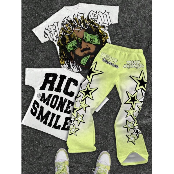 SHEIN Conjunto informal de 2 piezas para niño preadolescente con camiseta de cuello redondo con estampado de personaje de dibujos animados y texto "Rich Soon", y pantalones acampanados con estampado de bolsa de dinero y llamas, adecuado para verano, ropa urbana, música rock, casual elegante - Image 96