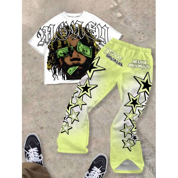 SHEIN Conjunto informal de 2 piezas para niño preadolescente con camiseta de cuello redondo con estampado de personaje de dibujos animados y texto "Rich Soon", y pantalones acampanados con estampado de bolsa de dinero y llamas, adecuado para verano, ropa urbana, música rock, casual elegante - Image 97