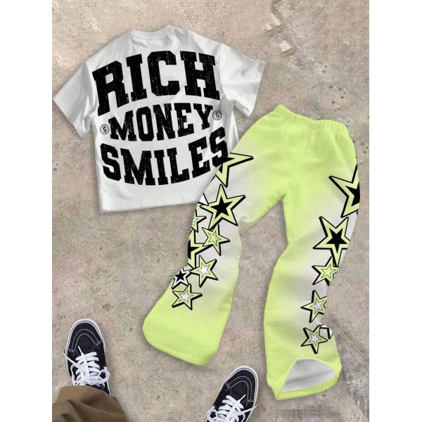 SHEIN Conjunto informal de 2 piezas para niño preadolescente con camiseta de cuello redondo con estampado de personaje de dibujos animados y texto "Rich Soon", y pantalones acampanados con estampado de bolsa de dinero y llamas, adecuado para verano, ropa urbana, música rock, casual elegante - Image 98