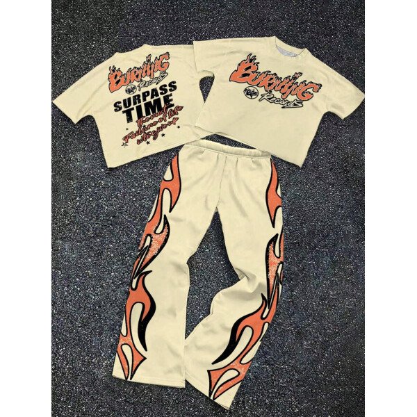 SHEIN Conjunto informal de 2 piezas para niño preadolescente con camiseta de cuello redondo con estampado de personaje de dibujos animados y texto "Rich Soon", y pantalones acampanados con estampado de bolsa de dinero y llamas, adecuado para verano, ropa urbana, música rock, casual elegante - Image 102