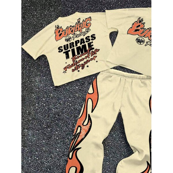 SHEIN Conjunto informal de 2 piezas para niño preadolescente con camiseta de cuello redondo con estampado de personaje de dibujos animados y texto "Rich Soon", y pantalones acampanados con estampado de bolsa de dinero y llamas, adecuado para verano, ropa urbana, música rock, casual elegante - Image 103