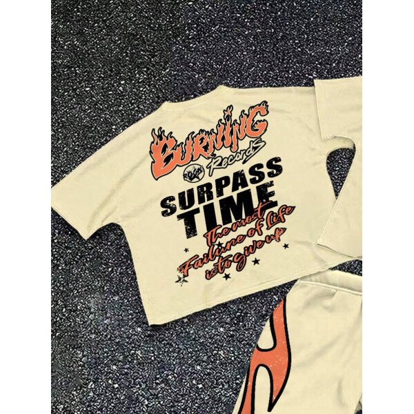 SHEIN Conjunto informal de 2 piezas para niño preadolescente con camiseta de cuello redondo con estampado de personaje de dibujos animados y texto "Rich Soon", y pantalones acampanados con estampado de bolsa de dinero y llamas, adecuado para verano, ropa urbana, música rock, casual elegante - Image 105