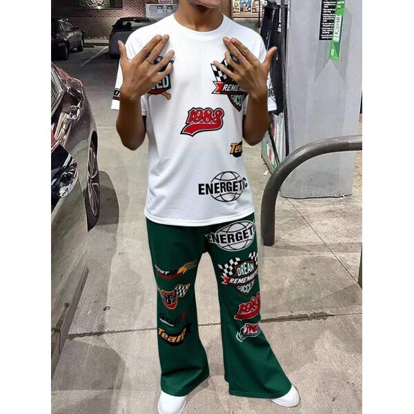 SHEIN Conjunto informal de 2 piezas para niño preadolescente con camiseta de cuello redondo con estampado de personaje de dibujos animados y texto "Rich Soon", y pantalones acampanados con estampado de bolsa de dinero y llamas, adecuado para verano, ropa urbana, música rock, casual elegante - Image 107