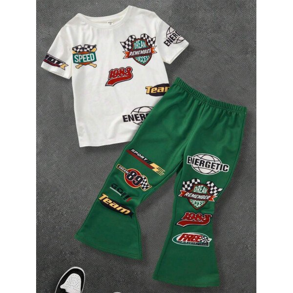 SHEIN Conjunto informal de 2 piezas para niño preadolescente con camiseta de cuello redondo con estampado de personaje de dibujos animados y texto "Rich Soon", y pantalones acampanados con estampado de bolsa de dinero y llamas, adecuado para verano, ropa urbana, música rock, casual elegante - Image 108