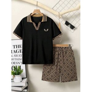 Set de 2 piezas de camisa y pantalones cortos casuales y con estilo retro con estampado floral para niños, adecuado para salidas diarias de primavera y verano