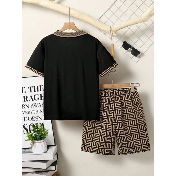 Set de 2 piezas de camisa y pantalones cortos casuales y con estilo retro con estampado floral para niños, adecuado para salidas diarias de primavera y verano - Image 3