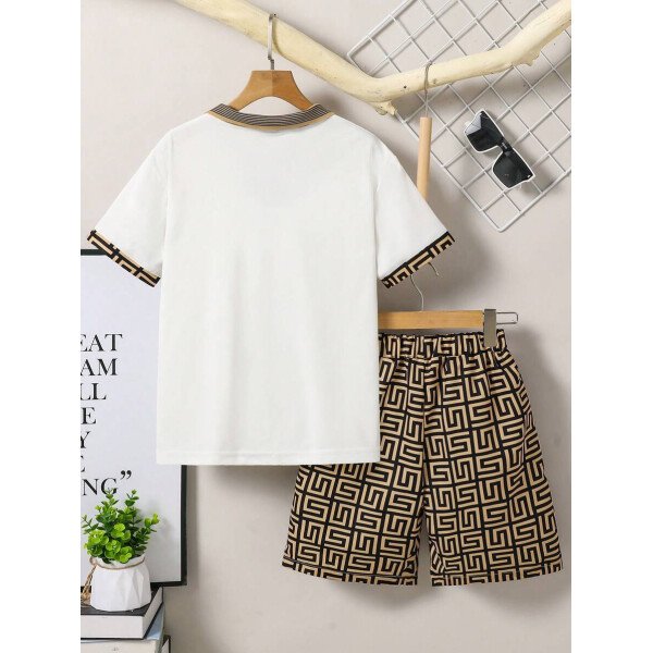 Set de 2 piezas de camisa y pantalones cortos casuales y con estilo retro con estampado floral para niños, adecuado para salidas diarias de primavera y verano - Image 8