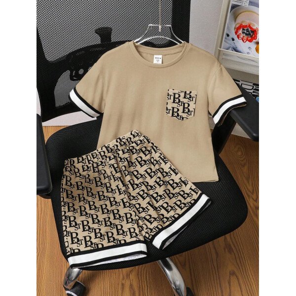 SHEIN 2 piezas Conjunto informal de niño joven con camiseta de cuello redondo de manga corta con bolsillo estampado y pantalones cortos estampados de punto - Image 8