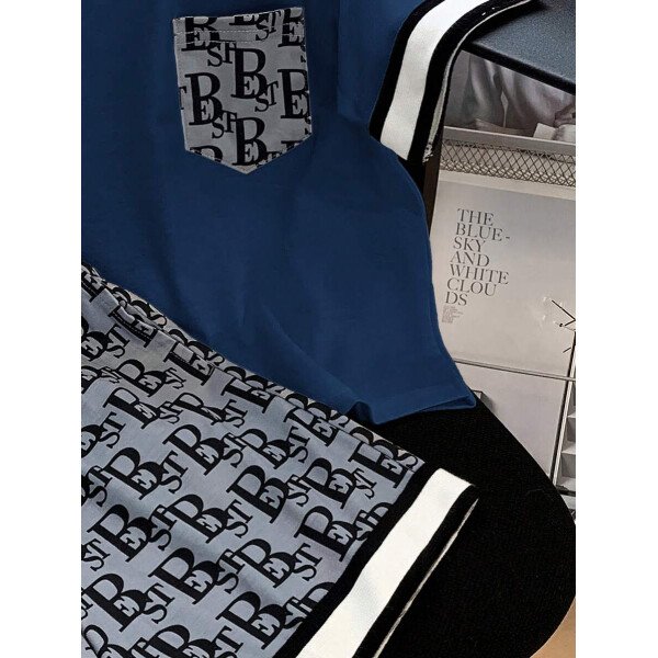 SHEIN 2 piezas Conjunto informal de niño joven con camiseta de cuello redondo de manga corta con bolsillo estampado y pantalones cortos estampados de punto - Image 16