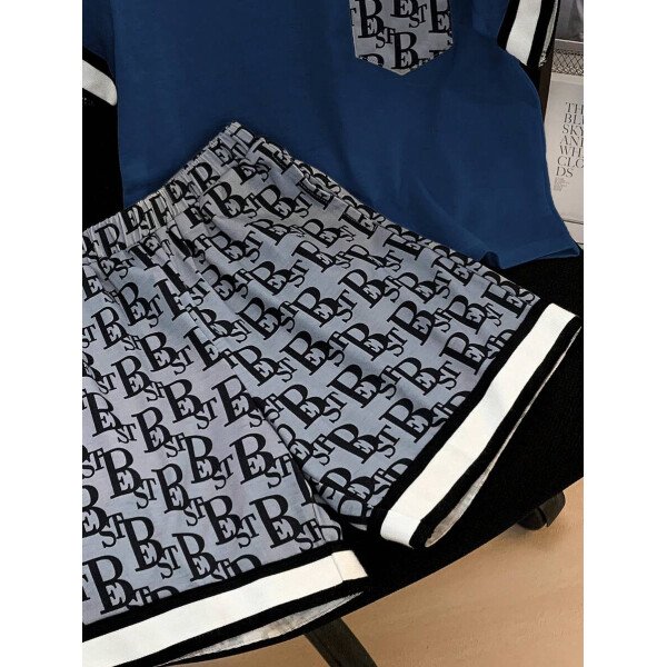 SHEIN 2 piezas Conjunto informal de niño joven con camiseta de cuello redondo de manga corta con bolsillo estampado y pantalones cortos estampados de punto - Image 17