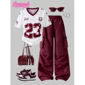 SHEIN Set de 2 piezas: Camiseta gráfica con mangas raglán y parches, y pantalones cargo para niñas preadolescentes, HYPEME Chica preadolescente