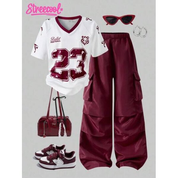 SHEIN Set de 2 piezas: Camiseta gráfica con mangas raglán y parches, y pantalones cargo para niñas preadolescentes, HYPEME Chica preadolescente