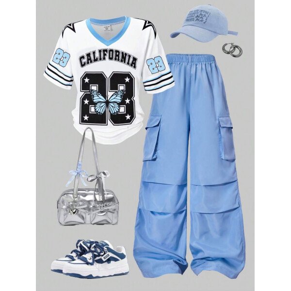 SHEIN Set de 2 piezas: Camiseta gráfica con mangas raglán y parches, y pantalones cargo para niñas preadolescentes, HYPEME Chica preadolescente - Imagen 17