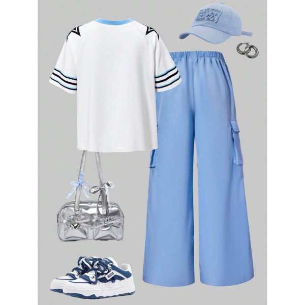 SHEIN Set de 2 piezas: Camiseta gráfica con mangas raglán y parches, y pantalones cargo para niñas preadolescentes, HYPEME Chica preadolescente - Imagen 18