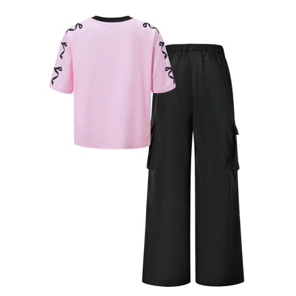 SHEIN Set de 2 piezas: Camiseta gráfica con mangas raglán y parches, y pantalones cargo para niñas preadolescentes, HYPEME Chica preadolescente - Imagen 36