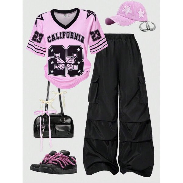 SHEIN Set de 2 piezas: Camiseta gráfica con mangas raglán y parches, y pantalones cargo para niñas preadolescentes, HYPEME Chica preadolescente - Imagen 49