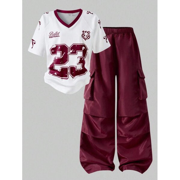 SHEIN Set de 2 piezas: Camiseta gráfica con mangas raglán y parches, y pantalones cargo para niñas preadolescentes, HYPEME Chica preadolescente - Imagen 59
