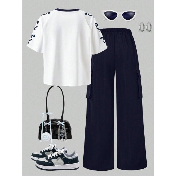 SHEIN Set de 2 piezas: Camiseta gráfica con mangas raglán y parches, y pantalones cargo para niñas preadolescentes, HYPEME Chica preadolescente - Imagen 66