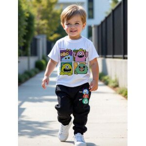 SHEIN Set de 2 piezas de camiseta de manga corta de cuello redondo con gráfico de dibujos animados y pantalón largo casual para niño