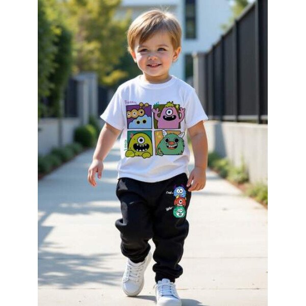 SHEIN Set de 2 piezas de camiseta de manga corta de cuello redondo con gráfico de dibujos animados y pantalón largo casual para niño