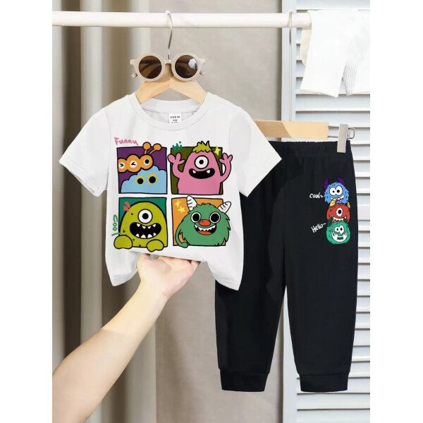 SHEIN Set de 2 piezas de camiseta de manga corta de cuello redondo con gráfico de dibujos animados y pantalón largo casual para niño - Image 76