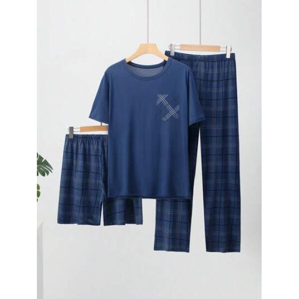 Conjunto de pijama ligero para hombre de 3 piezas, camisa de manga corta y pantalones cortos o pantalones, conjunto de ropa de dormir de verano a cuadros