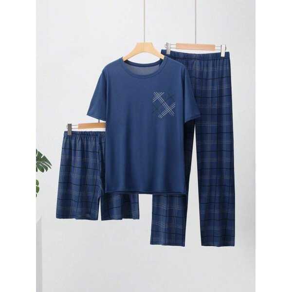 Conjunto de pijama ligero para hombre de 3 piezas, camisa de manga corta y pantalones cortos o pantalones, conjunto de ropa de dormir de verano a cuadros - Imagen 2