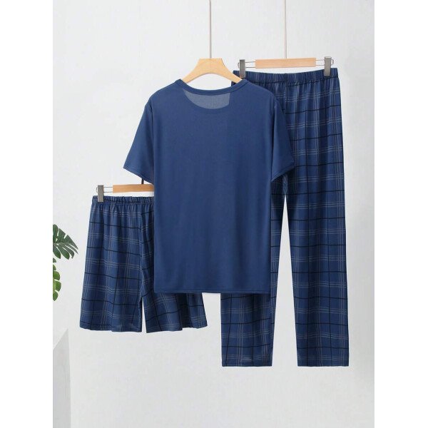 Conjunto de pijama ligero para hombre de 3 piezas, camisa de manga corta y pantalones cortos o pantalones, conjunto de ropa de dormir de verano a cuadros - Imagen 3