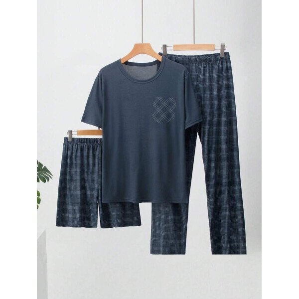 Conjunto de pijama ligero para hombre de 3 piezas, camisa de manga corta y pantalones cortos o pantalones, conjunto de ropa de dormir de verano a cuadros - Imagen 11