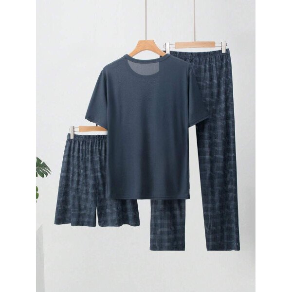 Conjunto de pijama ligero para hombre de 3 piezas, camisa de manga corta y pantalones cortos o pantalones, conjunto de ropa de dormir de verano a cuadros - Imagen 12