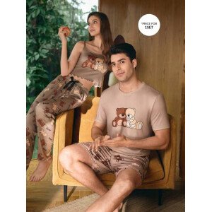 Manfinity CoupledUp Conjunto de pijama casual para hombre con estampa de oso de dibujos animados, de manga corta y pantalón corto