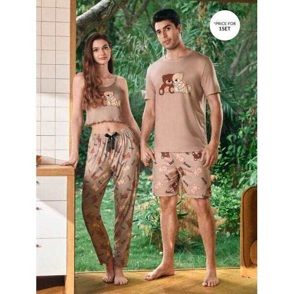 Manfinity CoupledUp Conjunto de pijama casual para hombre con estampa de oso de dibujos animados, de manga corta y pantalón corto - Image 4