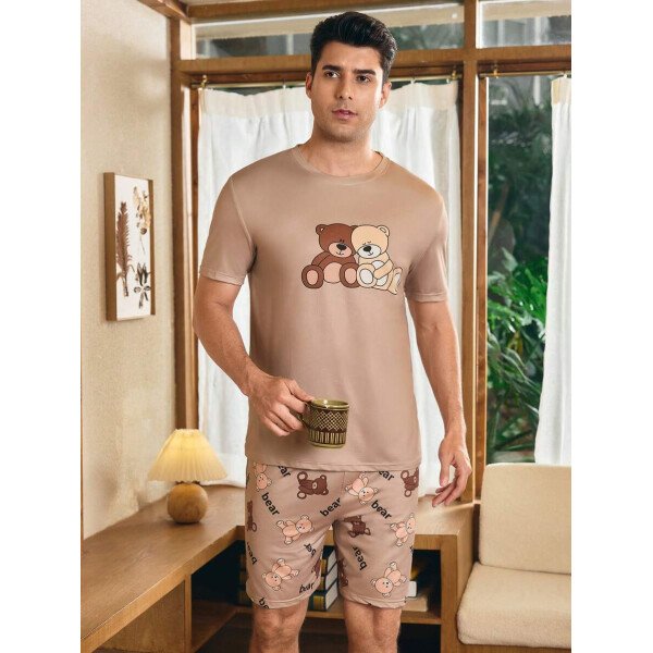 Manfinity CoupledUp Conjunto de pijama casual para hombre con estampa de oso de dibujos animados, de manga corta y pantalón corto - Image 8